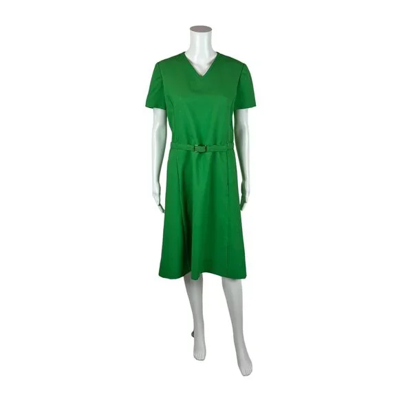 Vintage 70s Shift Dress Women's Large Solid Green V-Neck Belted Kangaroo Pockets - Picture 1 of 11